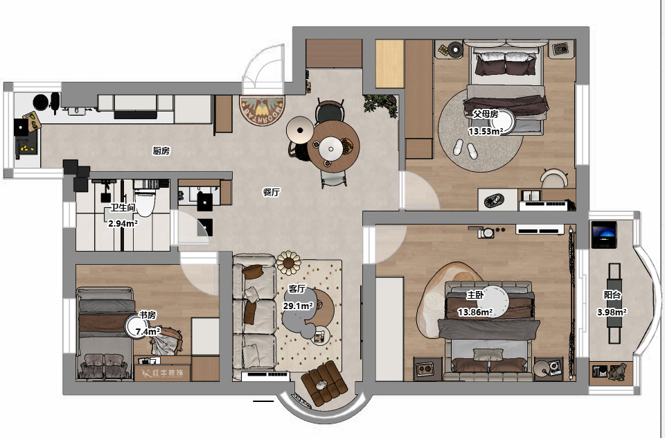 仇美蓉｜裕华新村2-3-406-86㎡-简约风格｜3室2厅1卫｜老房装修｜定制家｜全包10万｜00_03平面彩图